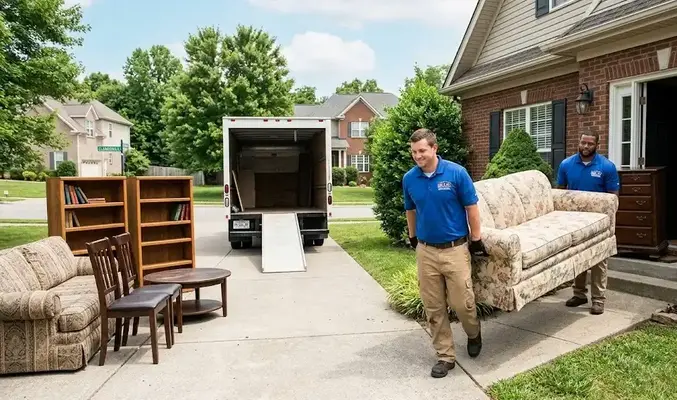 Junk removal workers carrying a couch and removing old furniture from a home in Clarksville, including bookshelves, chairs, tables, and household items for disposal or donation.