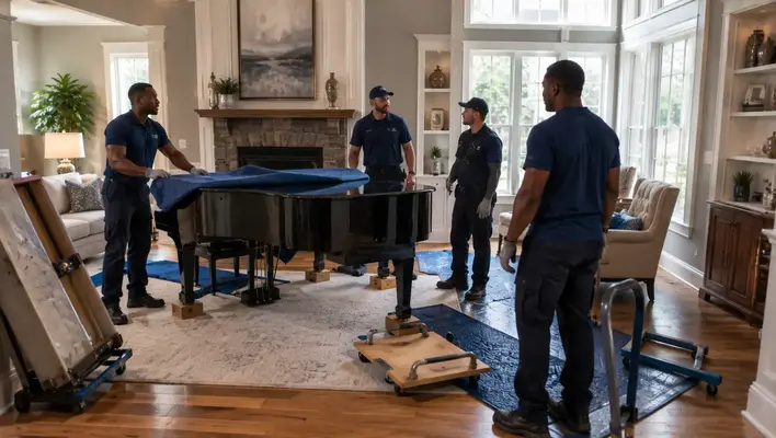 Professional junk removal crew preparing for grand piano removal inside a spacious Clarksville, TN home using protective floor coverings and moving dollies for safe piano handling.