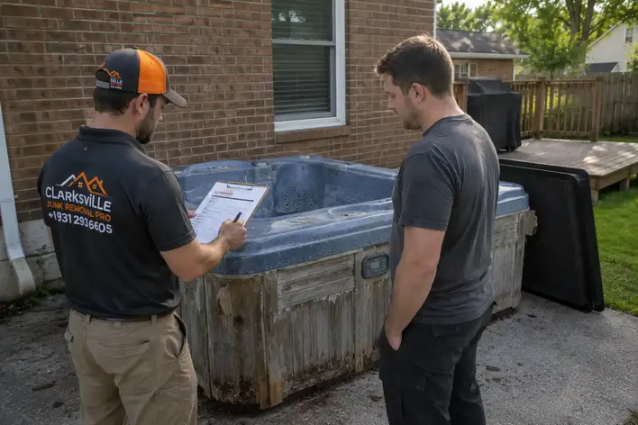 Technician inspecting a hot tub for a removal estimate in Clarksville TN