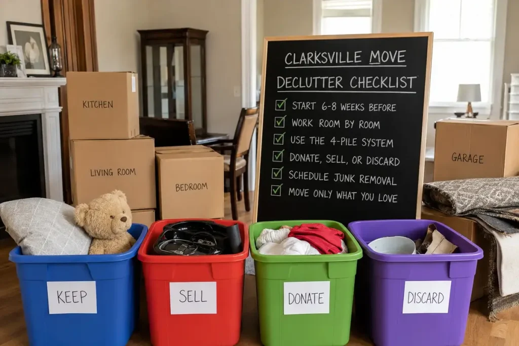 Family home in Clarksville being decluttered before a move with labeled keep, sell, donate, and discard bins, packed moving boxes, and a pre-move organization checklist.