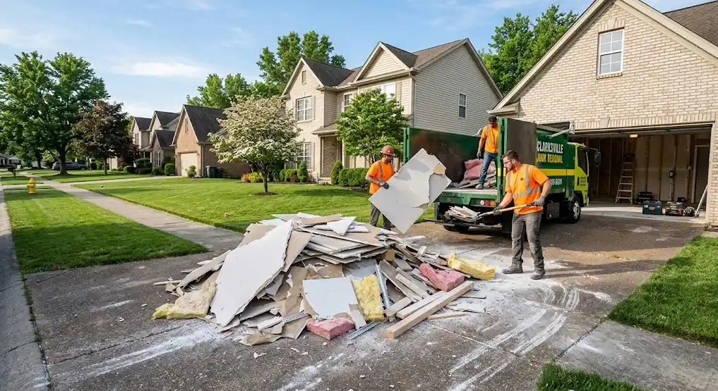 Workers loading broken drywall sheets, gypsum board, insulation, and construction debris into a junk removal truck during a home renovation, demonstrating how to dispose of drywall waste in Clarksville TN safely and responsibly.