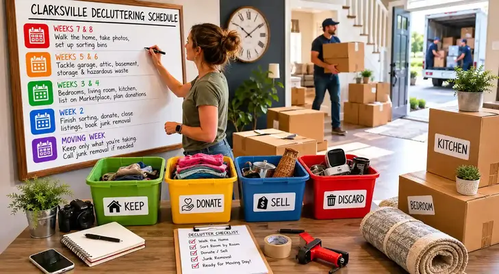 Clarksville homeowner following a week-by-week decluttering schedule with moving boxes, donation bins, and organized household items before moving day.