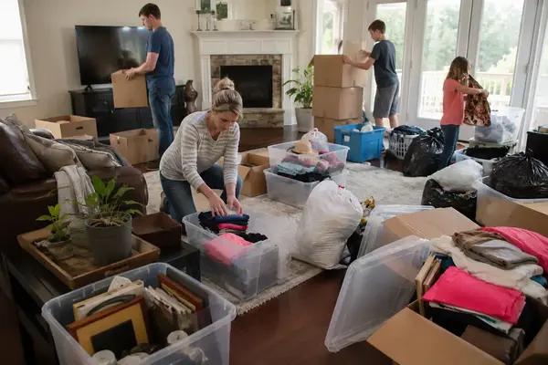 Family decluttering and packing their Clarksville home before a big move with storage bins, moving boxes, clothing piles, and household items organized room by room.
