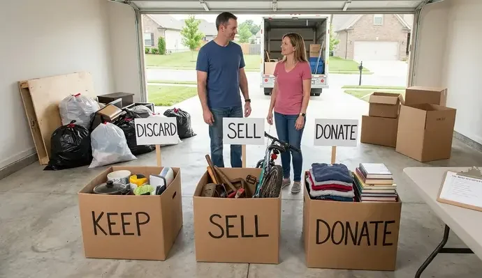 Couple organizing household items into keep, sell, donate, and discard boxes in a Clarksville garage before moving to a new home.