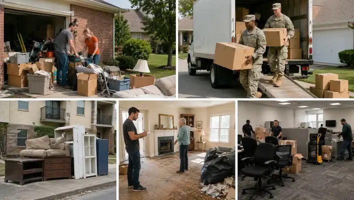 Collage showing different junk removal situations in Clarksville, TN including homeowners cleaning out garages, military families moving boxes, curbside furniture pickup for rental properties, estate cleanout walkthroughs, and commercial office junk removal services.