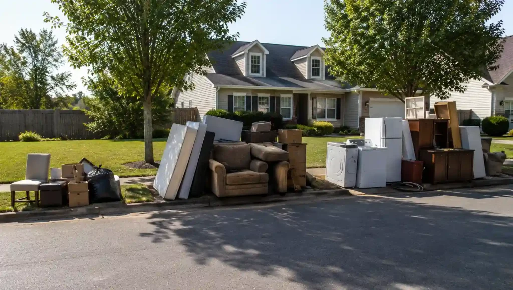 Different junk removal load sizes in Clarksville, TN showing small, medium, and full cleanup piles with furniture, appliances, mattresses, and household junk.