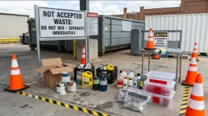 A hazardous waste separation area in Clarksville showing non-accepted junk removal items like paint cans, motor oil, propane tanks, chemical bottles, and asbestos warning bags next to a "Not Accepted" sign.