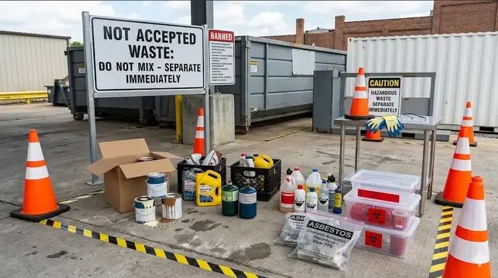 A hazardous waste separation area in Clarksville showing non-accepted junk removal items like paint cans, motor oil, propane tanks, chemical bottles, and asbestos warning bags next to a "Not Accepted" sign.