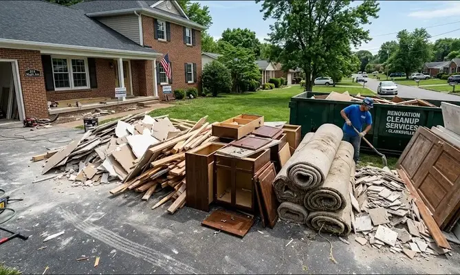 A renovation cleanup scene on a Clarksville driveway featuring piles of drywall, broken wooden cabinets, rolled carpet, tile debris, and wood scraps next to a large green renovation cleanup dumpster.