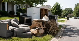 Curbside junk removal setup in Clarksville, TN with old furniture, appliances, cardboard boxes, and yard debris arranged for residential pickup.