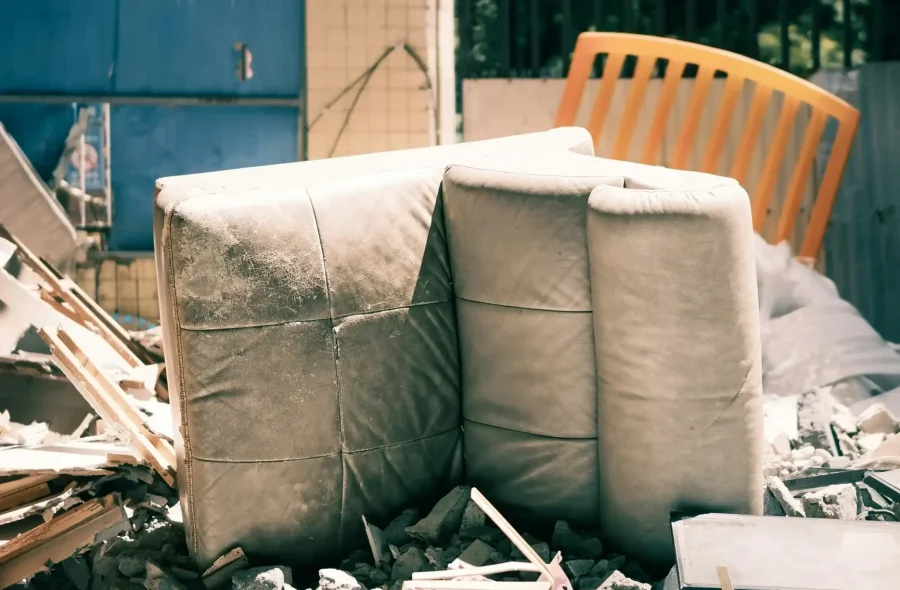 A discarded sofa and broken furniture lie among debris and rubble outdoors near a fence and a tiled pillar.
