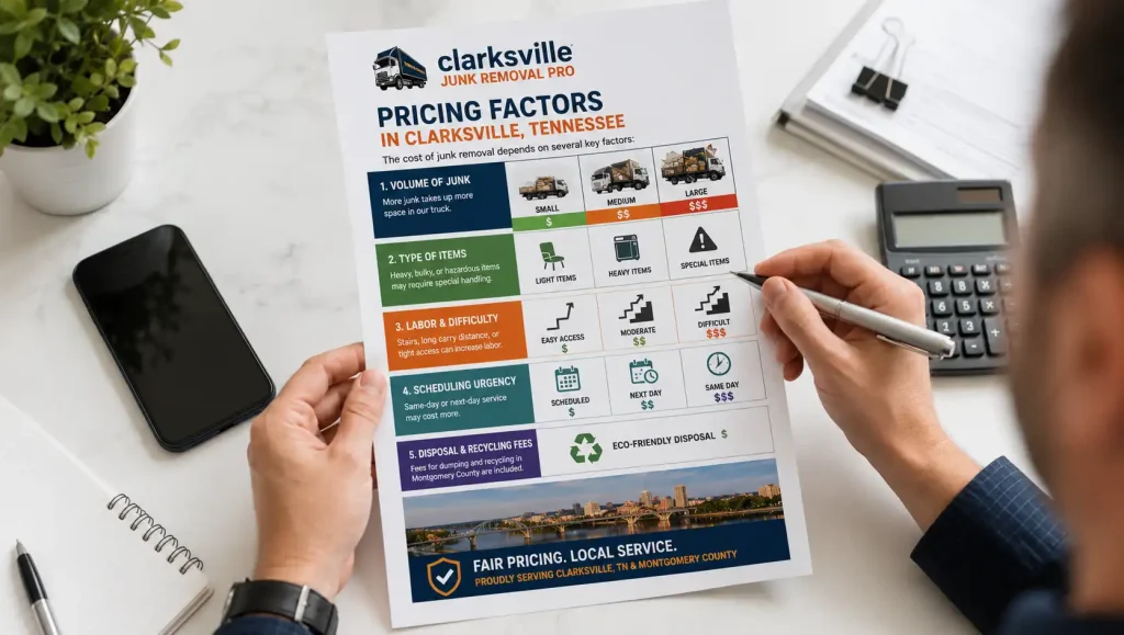 Person reviewing a junk removal pricing factors guide in Clarksville, TN showing costs based on junk volume, item type, labor difficulty, scheduling urgency, and recycling fees.