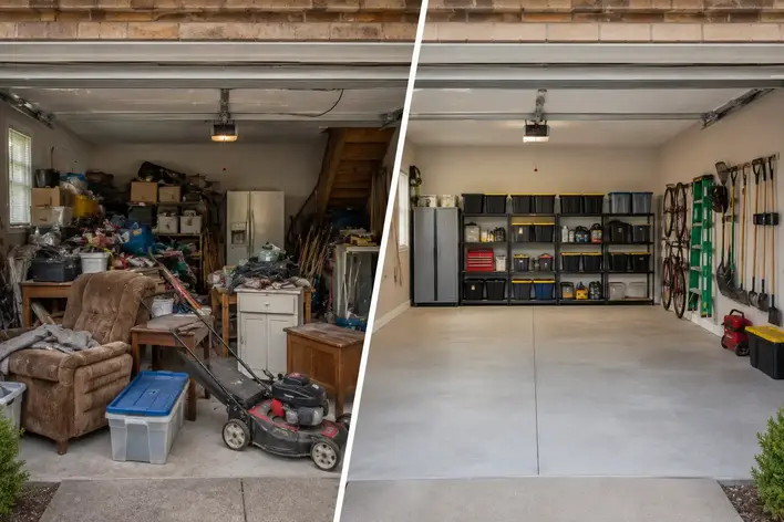 Before and after view of a garage cleanout showing a cluttered space transformed into an organized garage.