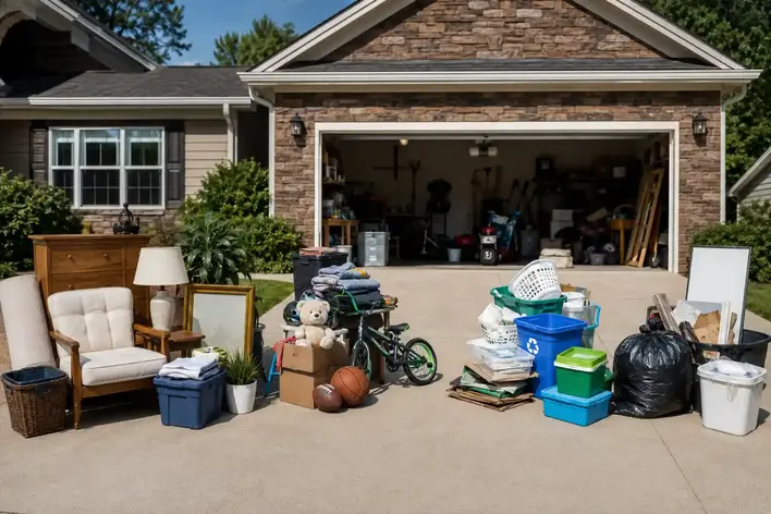 Garage items sorted into keep, donate, recycle, and trash categories during a cleanout.