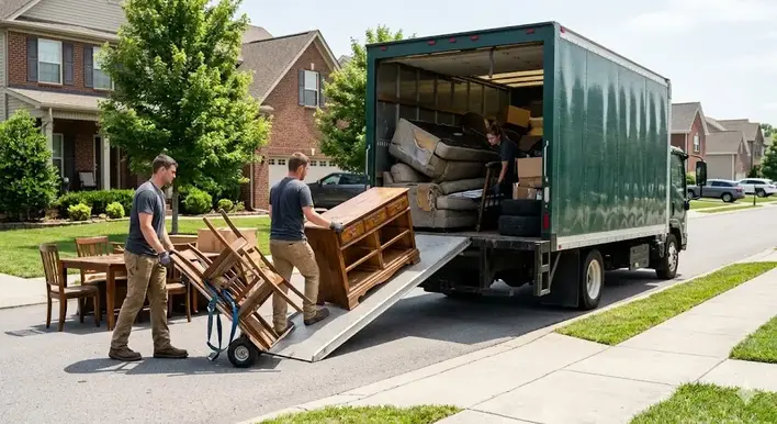 Junk removal crew loading heavy appliances and exercise equipment during a garage cleanout.