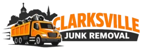 Orange dump truck with a city skyline silhouette behind it. Bold blue text reads "Clarksville" and gray text below says "Junk Removal" on a transparent background.