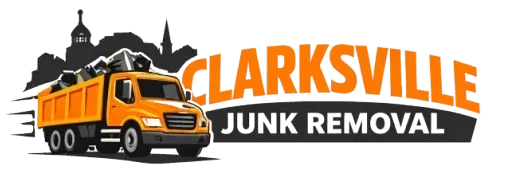 Orange dump truck with a city skyline silhouette behind it. Bold blue text reads "Clarksville" and gray text below says "Junk Removal" on a transparent background.