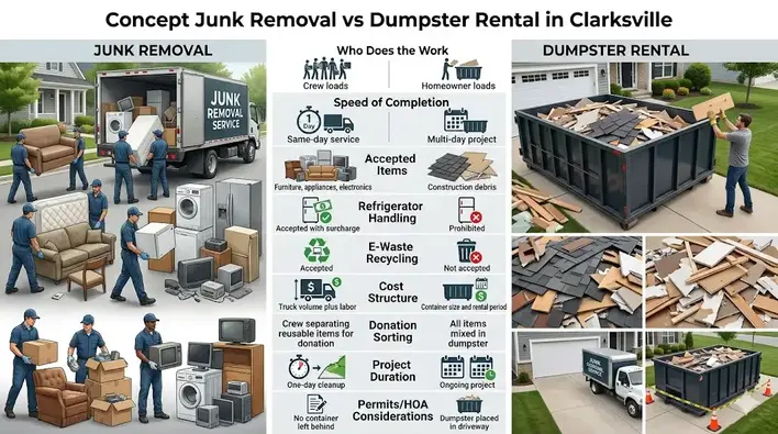 Complete visual comparison of junk removal and dumpster rental services showing labor, costs, accepted items, project duration, recycling, and permit considerations.