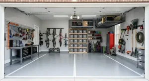Clean and organized garage with wall storage, shelving, and labeled bins.