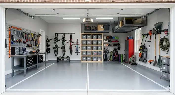 Clean and organized garage with wall storage, shelving, and labeled bins.