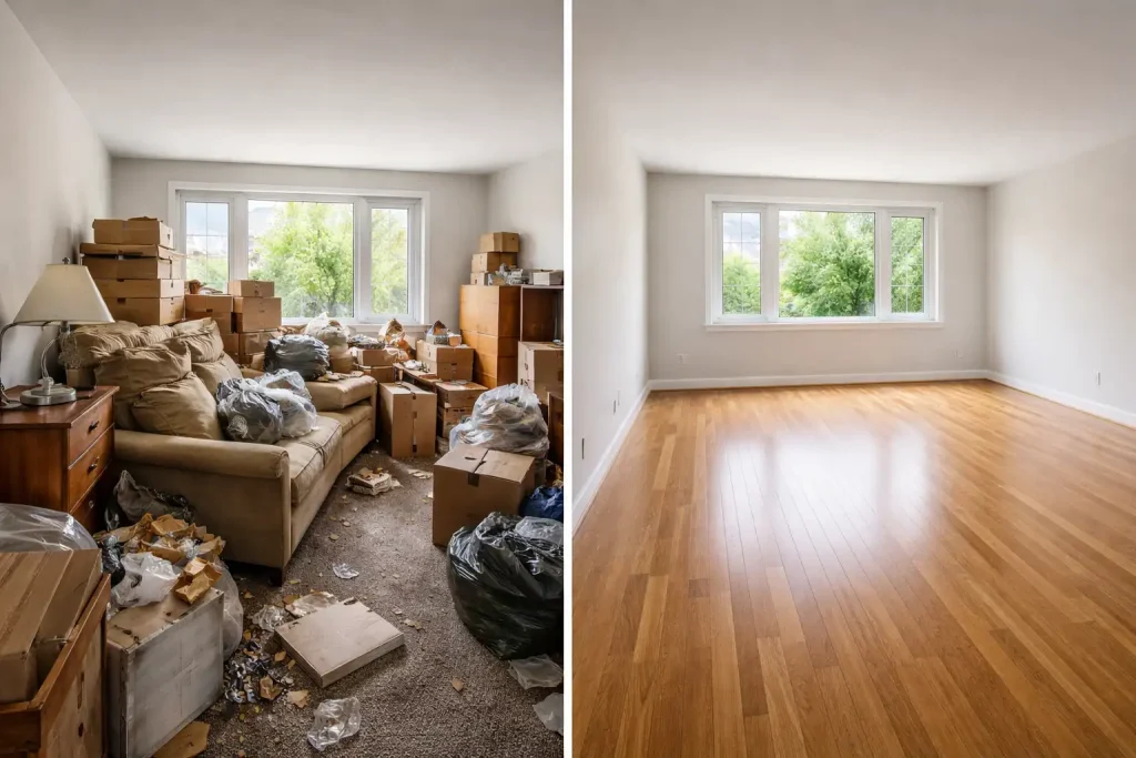 Split image of a room before and after tidying. Left: cluttered with boxes and trash, muted light; right: clean with polished wood floor, bright and serene ambiance.