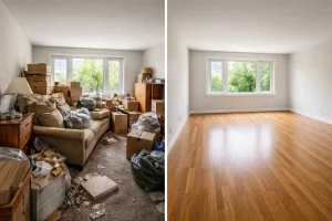 Split image of a room before and after tidying. Left: cluttered with boxes and trash, muted light; right: clean with polished wood floor, bright and serene ambiance.