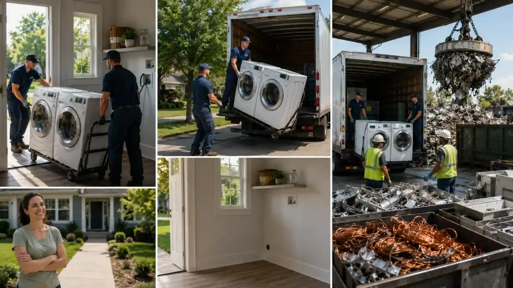Professional washing machine and dryer removal process in Clarksville, TN, from home pickup to responsible appliance recycling.